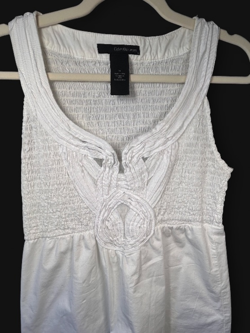 Calvin Klein White Cotton Smocked Sundress, empire waist, ribbon detailing, M - Picture 2 of 6